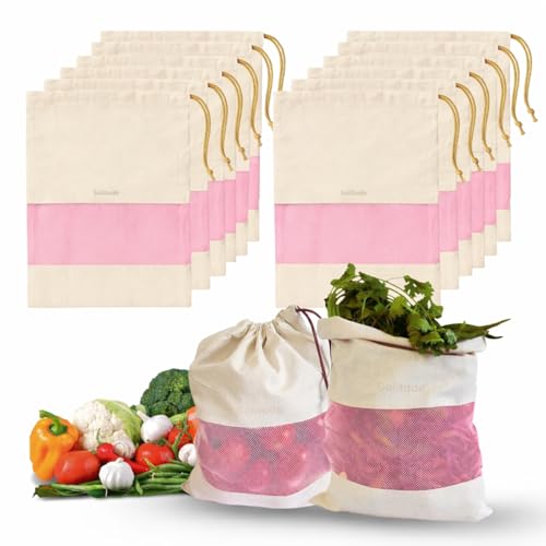 Image of Solitude Set of 12 Cotton Vegetable Bags Fridge Storage Bag Sabji Fruits Pouch Refrigerator Produce Muslin Reusable Washable & Multipurpose use Cloth Bags with Drawstrings