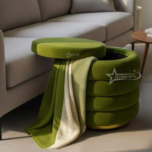 Image of Round Velvet Single-Strip Office Stool Foot Rest Stool, Linen Fabric Padded Seat Pouf Ottoman, 15 X 15 X 19 inch, Round Shape for Living Room, Office, etc. Pista Green