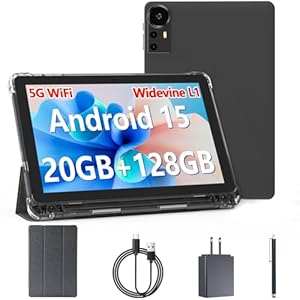 Android 15 Tablet 10 inch Tablets, 20GB RAM 128GB ROM 2TB Expand, 2.0Ghz CPU Quad-Core Processor Tablet PC with Case and Stylus, 5G WiFi6, BT5.0, 6000mAh Battery, Dual Camera, Widevine L1, GMS, Black