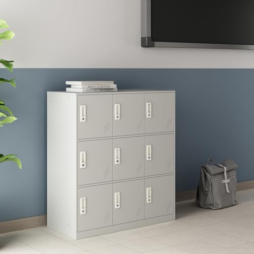 [en.casa] Casillero Metálico con Ranuras de Ventilación 9 Puertas con Cerradura Armario de Taquilla para Colegio Gimnasio Oficina Vestuario Acero 100 x 90 x 40 cm - Gris Pálido