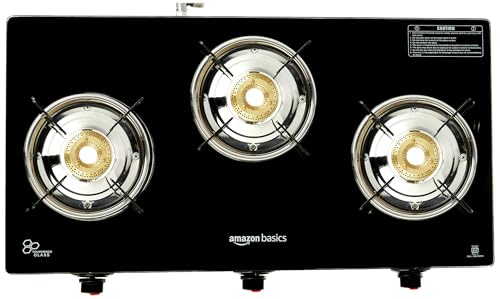 Image of Amazon Basics 3 Burner LPG Gas Stove with Toughened Glass-top | ISI APPROVED | Tri-pin Brass Burners with spill-proof and easy-clean design | Anti-skid legs (Black)