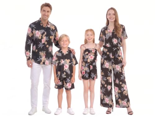 Image of Family Matching Hawaiian Clothes, Hibiscus Black | Black Hibiscus Print • Soft Rayon Fabric • Family Matching Outfits • Vacation Ready • Luau Party Wear