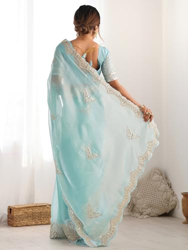 Image of Satrani Women's Tissue Silk Sequin Embroidery Scalloped Border Saree with Unstitched Blouse Piece