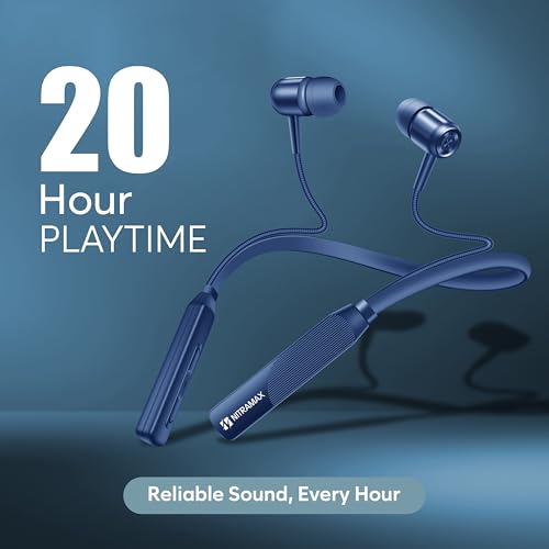 Image of Bluetooth Neckband Earphones, Blue, 20 Hour Playtime, Superior Bass, Bluetooth 5.4, Noise Reduction