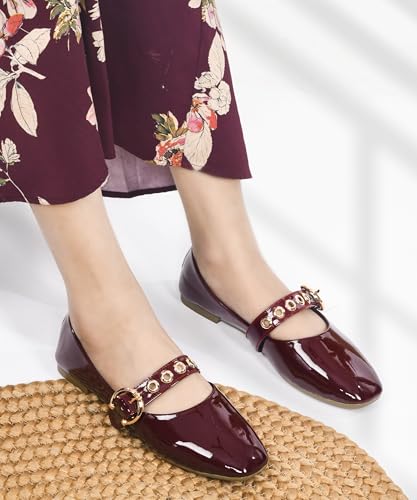 Image of JM LOOKS Modern Patent Mary Jane Flats Featuring Stylish Grommet Eyelet Straps and Adjustable Polished Metal Buckles