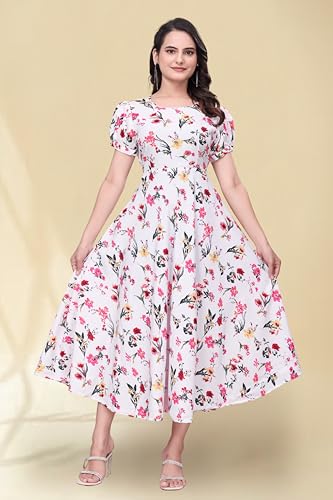 Image of Women's A-Line Crepe Maxi Dress | Stylish Fit and Flare Dress with Round Neck Short Puff Sleeves for Casual Wear