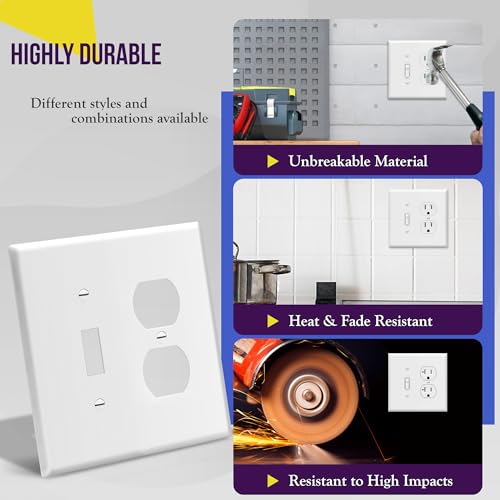 Image of ENERLITES Combination Toggle Light Switch /Duplex Receptacle Outlet Wall Plate Cover, Midway Size 2-Gang 4.88 inch x 4.92 inch, Polycarbonate Thermoplastic, UL Listed, 881121M-W, White(2 Pack)