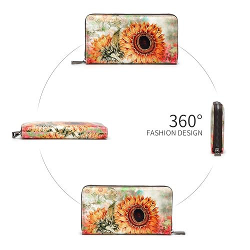 Womens Wallet RFID Credit Card Holder Travel Leather Zipper Wallets for Women Sunflowers2