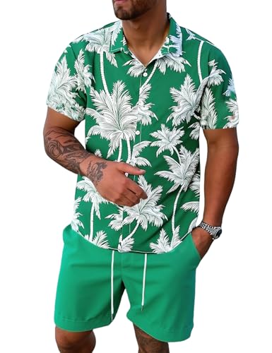 Image of Yimoon Men's Summer 2 Piece Outfits Tropical Print Short Sleeve Button Down Hawaiian Beach Shirt and Shorts Set