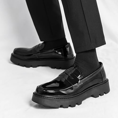 Men's Patent Leather Platform Penny Loafers Comfort Round Toe Chunky Heel Slip On Dress Shoes for Business Formal Work 6
