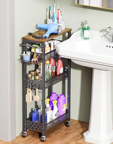 OKZEST Rolling Slim Storage Cart, 4-Tier Narrow Bathroom Organizers...