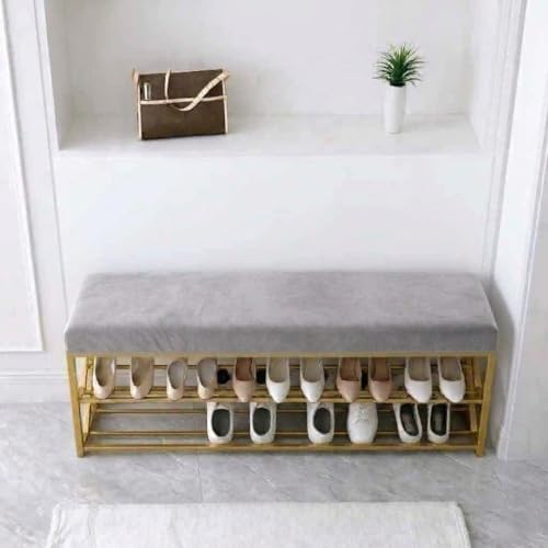 Image of Entryway Shoe Rack with Cushioned Seat, Shoe Bench for Entry, 2 Shelves Storage Bed Bench