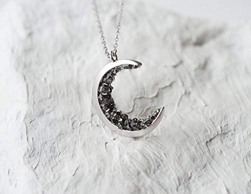 Silver Plated Crescent Moon Encrusted with Black Crystals Jewels Long Necklace4