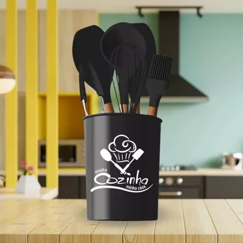 Conjunto Kit Utensílios Cozinha em Silicone Antiaderentes com cabo de Madeira - Conjunto de Utensíli