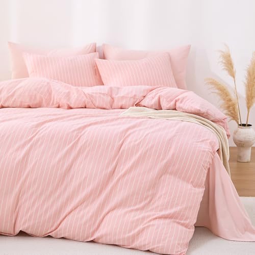 Image of Wake In Cloud - Striped Cotton Duvet Cover Set, Ticking Stripe Vertical Pinstripe Farmhouse, 100% Washed Cotton Textured Bedding Set, 3 Pieces, Pink, Full Size