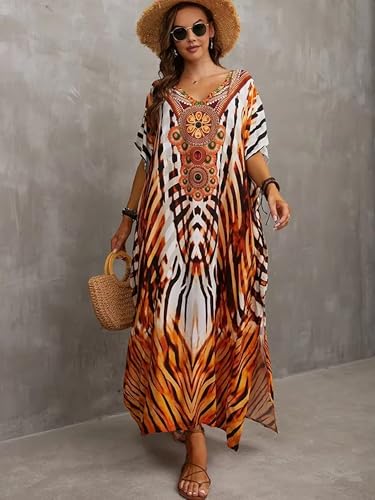 Image of Moss Rose Kaftan Dresses for Women V Neck Summer Swimsuit Cover up Caftan Maxi Beach Dresses