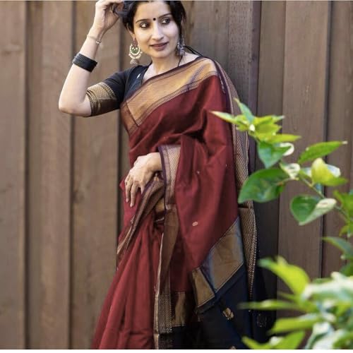 Image of Women's Cotton Woven Soft Sarees With Attach Blouse Piece.