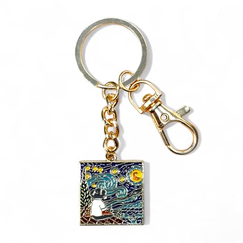 Image of Van Gogh Keychain for Men & Women, Starry Night & Wheatfield Painting Aesthetic Keychains, Handcrafted, Durable Anti-Tarnish Metal Key Ring for Car, Bike, Travel, Bags, Gifting