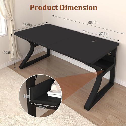 Image of 55 inch Computer Desk, Home Office Desk with Storage Shelf, Sturdy U-Shaped Metal Frame Study Table with Cable Management, Gaming Desk for Office & Bedroom (Black, 55inch)