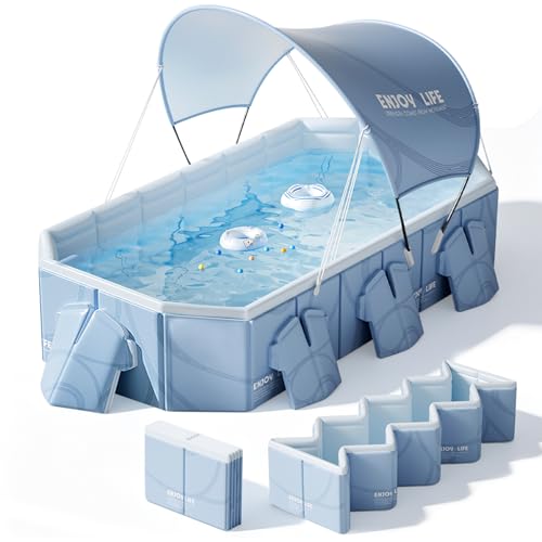 Foldable Pool with Canopy Large Portable Pool for Adult Thickened Collapsible Folding Pool for Backyard 855022 in 20 Seconds Installation&Titanium Silver Canopy Feels-Like Temp 50F 64.4F Blue