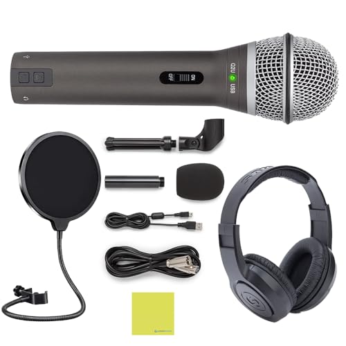 Samson Q2U USB/XLR Dynamic Microphone Bundle with Over Ear Samson Stereo Headphones SR350, Pop Filter, Desktop Tripod, Mic Clip a Windscreen, USB Cable, XLR Cable & Polishing Cloth