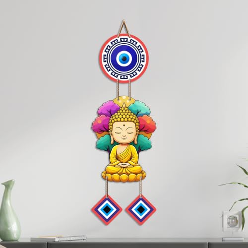 Image of Artvibes Buddha Serenity Wall Hanging with Evil Eye Protection Charms | Spiritual Decorative Hanging for Meditation | Yoga and Prayer Rooms | Wooden Home Decor Accent for Living Room (WH 85100N)