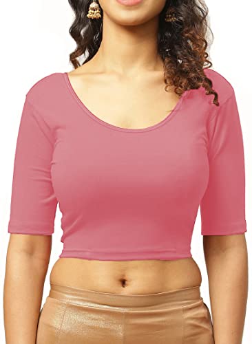 Image of THE BLAZZE 1303 Women's Cotton Scoop Neck Backless Elbow Sleeve Crop Top Readymade Saree Blouse for Women