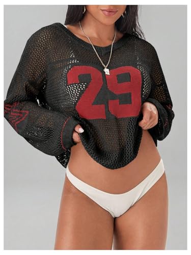 Image of BEAUDRM Women's Y2k Tops Oversized Crochet Jersey Shirts Graphic Streetwear
