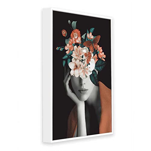Image of PAINTINGMANTRA Masala Brown Girl & Flower Bouquet White Framed Canvas Print for Wall, Home and Living Room Decoration (Size - 23 x 17 Inchs)