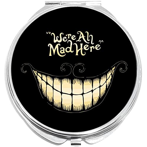 NewCharms We are All Mad Here Cheshire Cat Wonderland Compact with Mirrors - Perfect Pocket and Purse Size Folding Mirror for Applying Make Up Anywhere