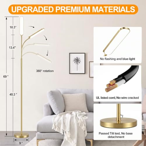 Image of marctronic Gold Polished Floor Lamp, 18W 1800LM LED, Luxury Decor Style & Stepless Dimming, Eye-Caring Timing Reading Lamp for Bedroom /Living Room