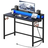 YATINEY Computer Desk with Charging Station and LED Lights, Gaming Desk with Monitor Stand, 2-Tier Home Office Desk with 4 Side Hooks, for Living Room, Home Office, Black DN01UDBBY2