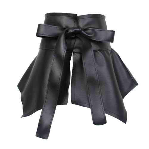 Women PU Leather Wide Waist Belt Front Tie up Ruffle Peplum Skirt Waistband Belts