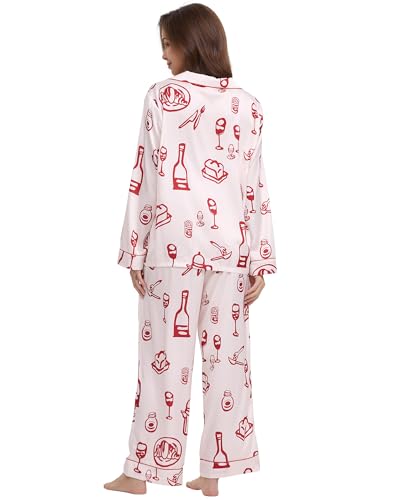 Image of YiNi LuLu Womens Silk Satin Pajamas Set Button Down 2 Piece Pjs Long Sleeve Oversized Sleepwear with Pockets