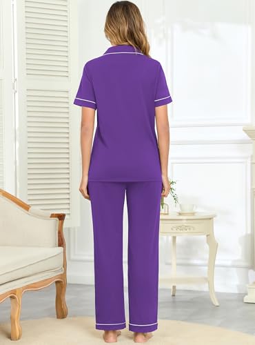 Image of Veseacky 100% Cotton Pajamas for Women Set Short Sleeve Button Down Sleepwear Soft 2 Piece Summer Pjs Lounge Sets S-XXL