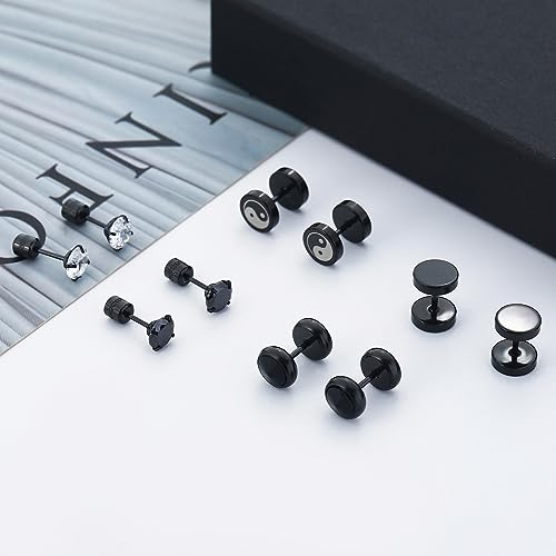 NEWITIN 12 Pairs Stainless Steel Stud Earrings for Men Hypoallergenic Earring Flatback Black Earring Set Screw Back Studs Inlaid Cubic Zirconia Stud Earrings for Women Men3