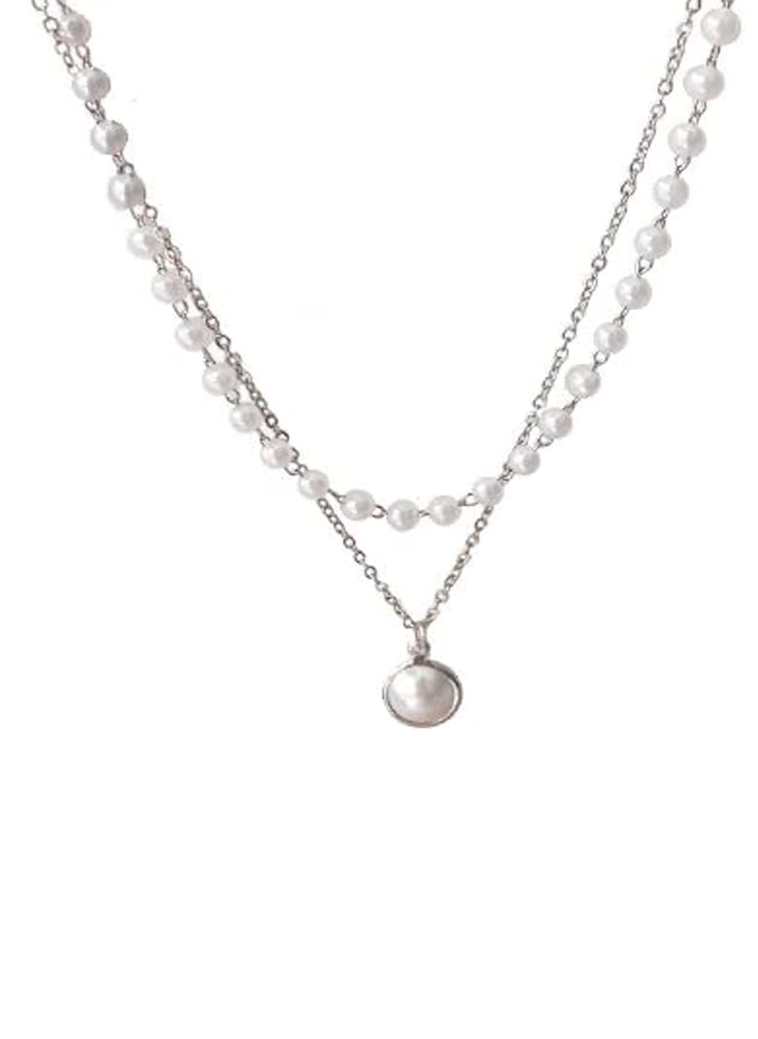 Vembley Charming Silver Plated Double Layered Beads and Pearl Drop Pendant Necklace for Women and Girls (B09BR6HV17) Amazon Price History, Amazon Price Tracker