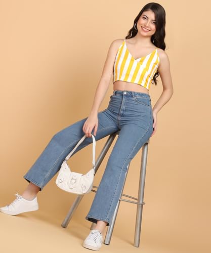 Image of POPWINGS Women Casual Blue & White Stripe Print Strap Crop Top | Women Sleeveless Top | Women Trendy Top
