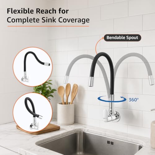 Image of Amazon Basics Flexible Spout Kitchen Faucet | Cold-Only Single Lever Sink Tap with 360 Degree Swivel and Bendable Spout | Kitchen Use | Black and Chrome