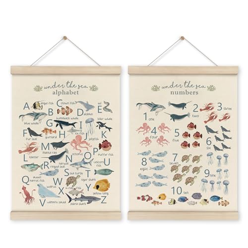 Image of HRQKO Ocean Alphabet Poster Hanger Frame Set of 2, Ocean Nursery Decor, Sea Animal Wall Decor, ABC Poster Art with Wooden Frames, Alphabet Banner Wall Hanging Decor for Playroom Kids Room,12x16 Inch