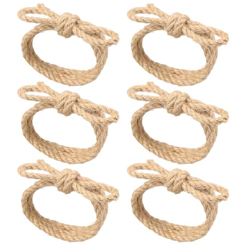 6 Pcs Jute Rope Bow Napkin Ring Set Handmade Napkin Ring Holders Natural Burlap Napkins Buckle Farmhouse Serviette Rings for Table Decoration Valentine Day Thanksgiving Anniversary Dinners