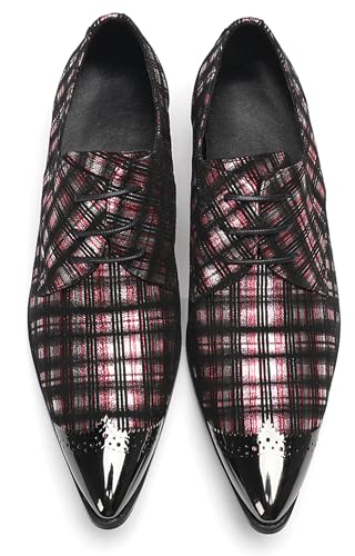 Men’s Plaid Patent-Leather Dress Casual Shoes – Metal Pointed Toe Lace-Up Oxford, Fashion Red & Black Formal Shoes for Weddings, Prom, Parties, Business & Evening Wear3