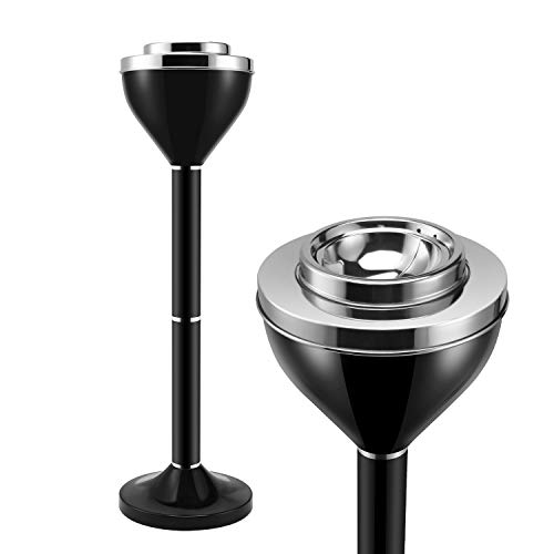 Anfrere Standing Ashtray Outdoor for Patio, Large & Tall Outside Ashtrays for Cigarette Butt Receptacle Disposal, Commercial Metal Smokers Cigar Ash Tray Container with Lid, Polished Black, B01BK