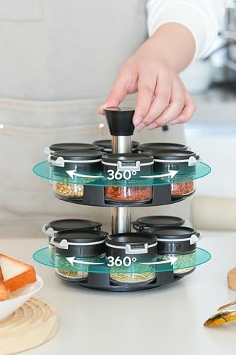 Aurakoa 360 rotating 2 tier 12 jars spice rack (12 spice jars) Revolving Seasoning Organizer. Spinning Spice Rack for Counter top and Cabinet