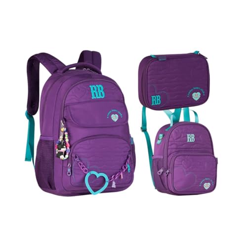Kit Mochila Lancheira e Estojo Rebecca Bonbon Heart Beats Grande RB27015 (Roxo)