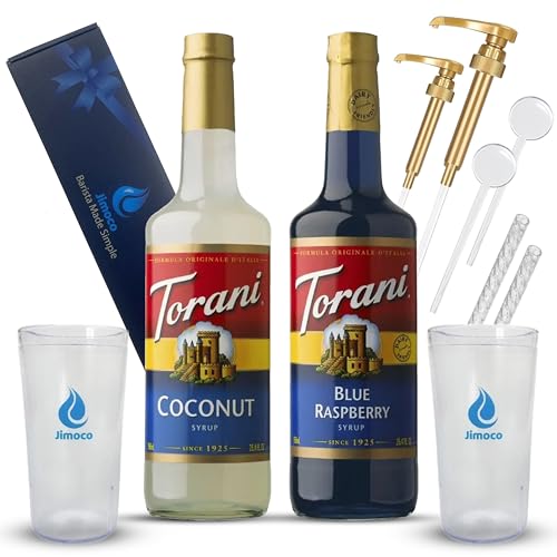 Jimoco Barista Set – Torani Blue Raspberry & Coconut Syrups (25.4 oz Each) with 2 Jimoco Syrup Pumps, Reusable Cups, Straws & Stirrers – Coffee, Italian Soda & Cocktail Flavoring Kit