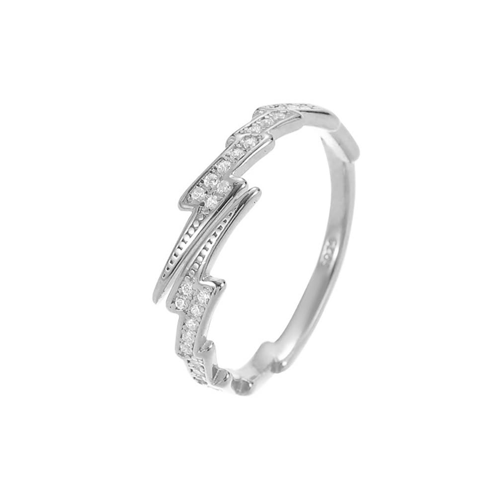 Crystal Lightning Bolt Stacking Open Ring for Women Girls 925 Sterling Silver Cubic Zirconia Thunder Waved Adjustable Wrap Knuckle Finger Bands Dainty