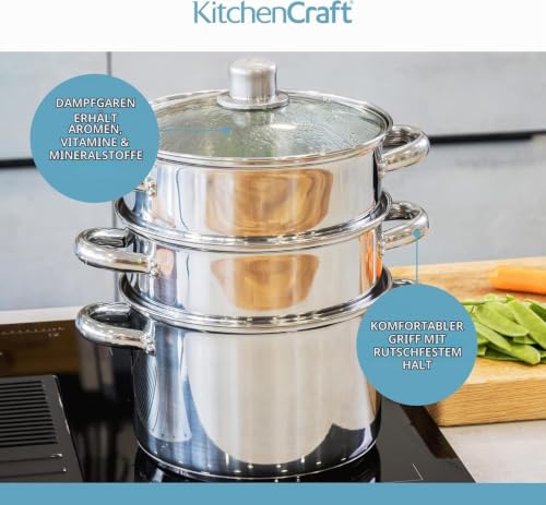 KitchenCraft 3 Kochtopf Set, Dampfgarer/Suppentopf Steamer 3-stufig, Induktionssicher, Edelstahl, in Geschenkbox, 22 cm (9''), Silber – Ansicht 5
