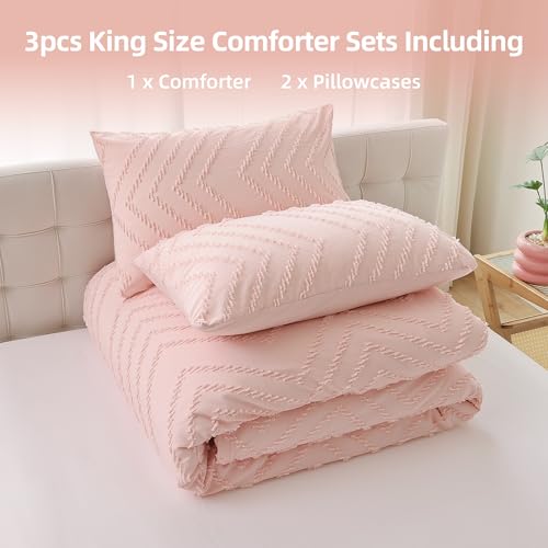 Image of YIRDDEO Pink Comforter King Size 3Pcs, Boho Vertical Tufted Comforter Set King Pink Farmhouse Bedding Sets King, Lightweight Neutral Blush Boho Bed Set (1 Comforter, 2 Pillowcases)