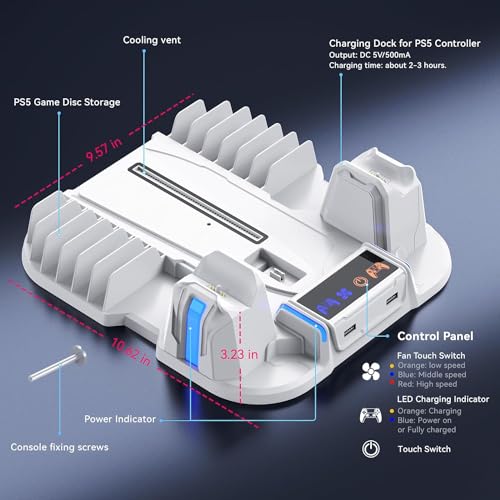 Suporte de resfriamento para PS5 Slim com estação de carregamento de controlador, ventilador de resf